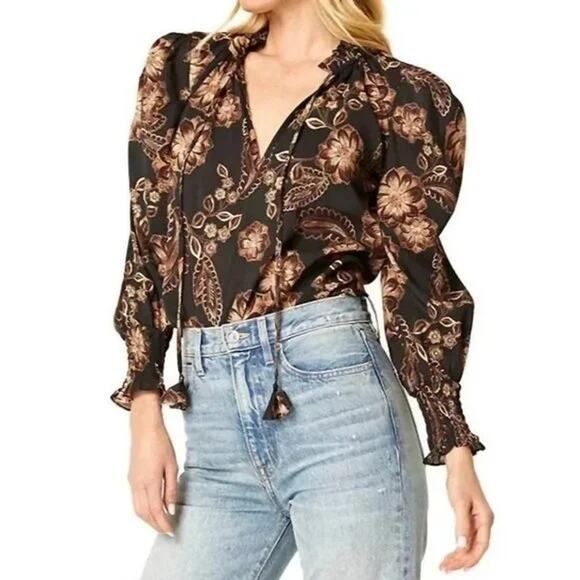 MISA Los Angeles Siena Blouse in Black Brown Floral | Long Puff Sleeve | Size S - Picture 1 of 8